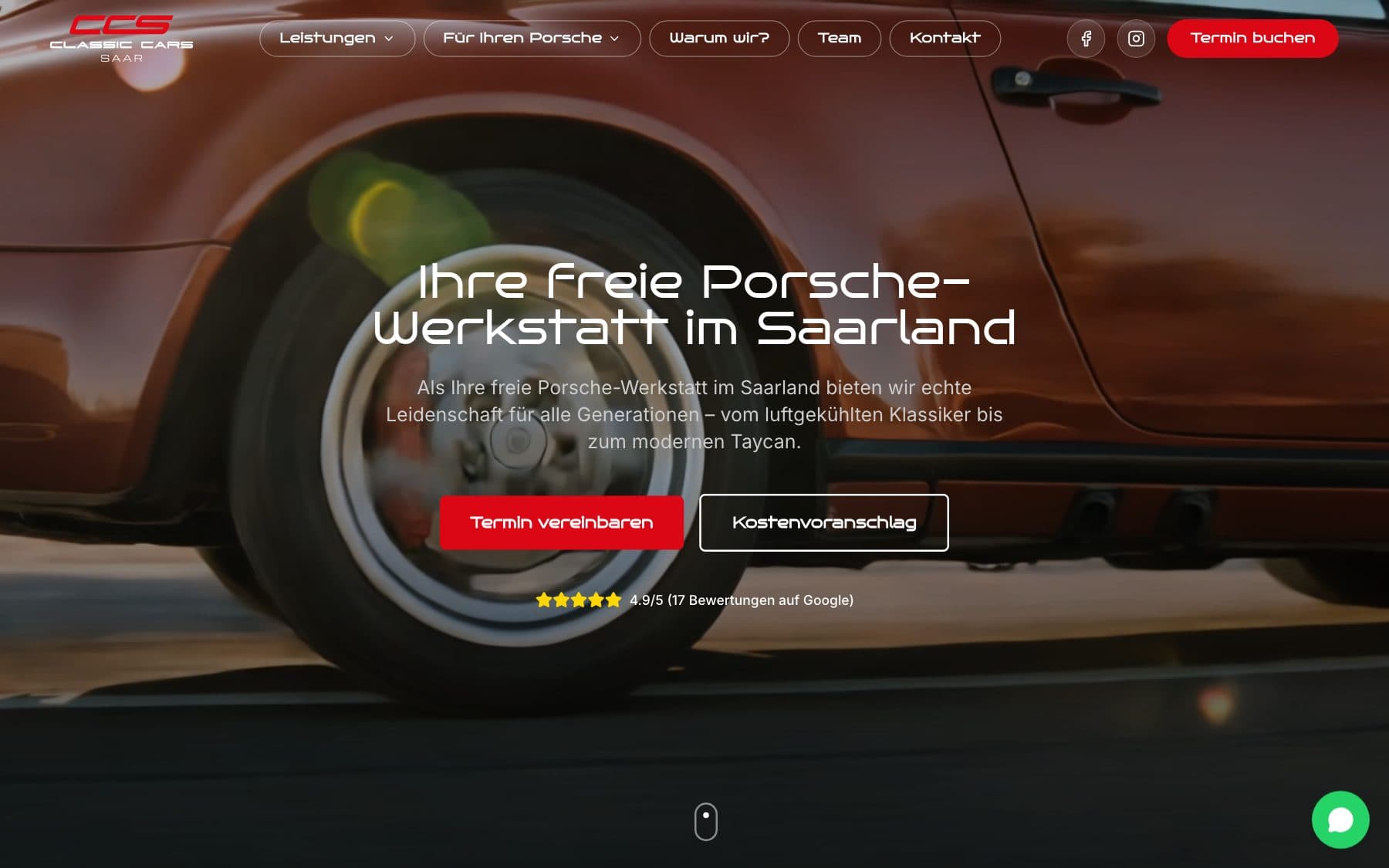 Website von ClassicCars Saar am Desktop: Porsche in Rot und Schwarz mit Terminbuchung